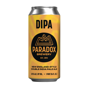 A single aluminum beer can centered on a plain white background. The label is predominantly yellow with a black circular logo and black text reading 'DIPA' and 'PARADOX BREWERY'.