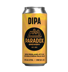 A single aluminum beer can centered on a plain white background. The label is predominantly yellow with a black circular logo and black text reading 'DIPA' and 'PARADOX BREWERY'.