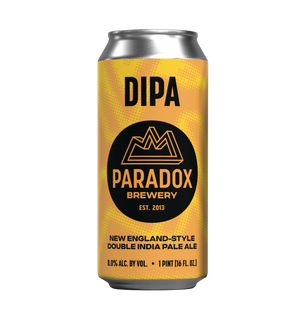 A single aluminum beer can centered on a plain white background. The label is predominantly yellow with a black circular logo and black text reading 'DIPA' and 'PARADOX BREWERY'.