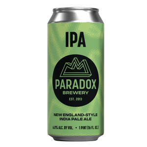 A single aluminum beer can with a light green label featuring a black circular logo and the text 'IPA' and 'Paradox Brewery'.