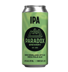 A single aluminum beer can with a light green label featuring a black circular logo and the text 'IPA' and 'Paradox Brewery'.