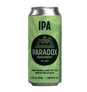 A single aluminum beer can with a light green label featuring a black circular logo and the text 'IPA' and 'Paradox Brewery'.