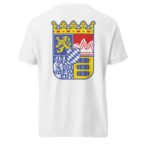 White t-shirt with a colorful graphic design on the back against a white background