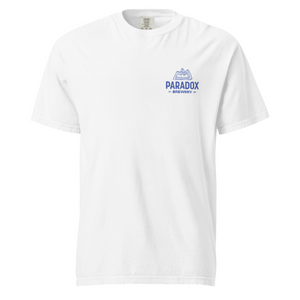 White t-shirt with 'Paradox' logo on a white background